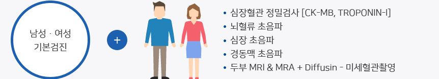 남성•여성기본검진 +  남성,여성(심장혈관 정밀검사 [CK-MB, TROPONIN-I], 뇌혈류 초음파, 심장 초음파, 경동맥 초음파, 두부 MRI & MRA + Diffusin - 미세혈관촬영) 